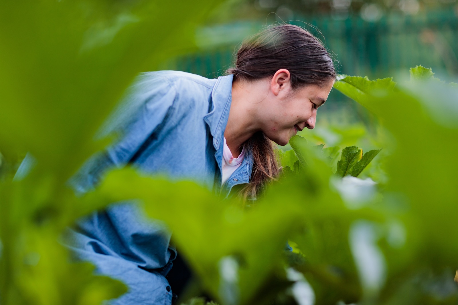 An artistic photograph of a woman gardening with leaves in the periphery. 