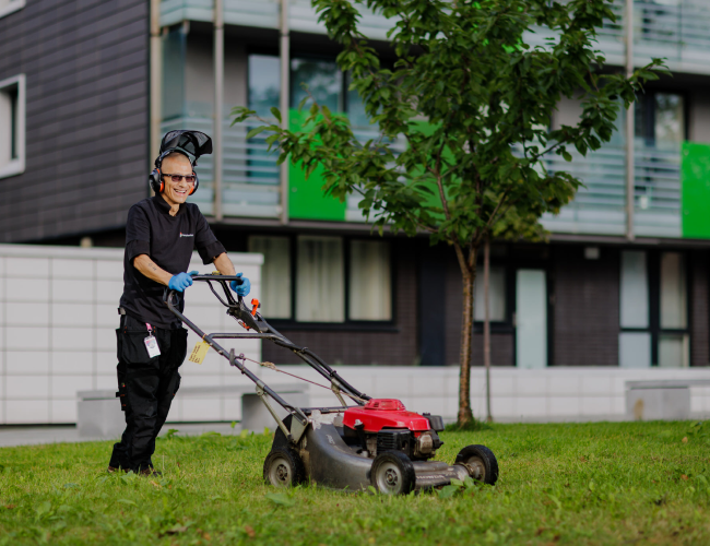 One Manchester colleague cutting grass with a red lawn mower.