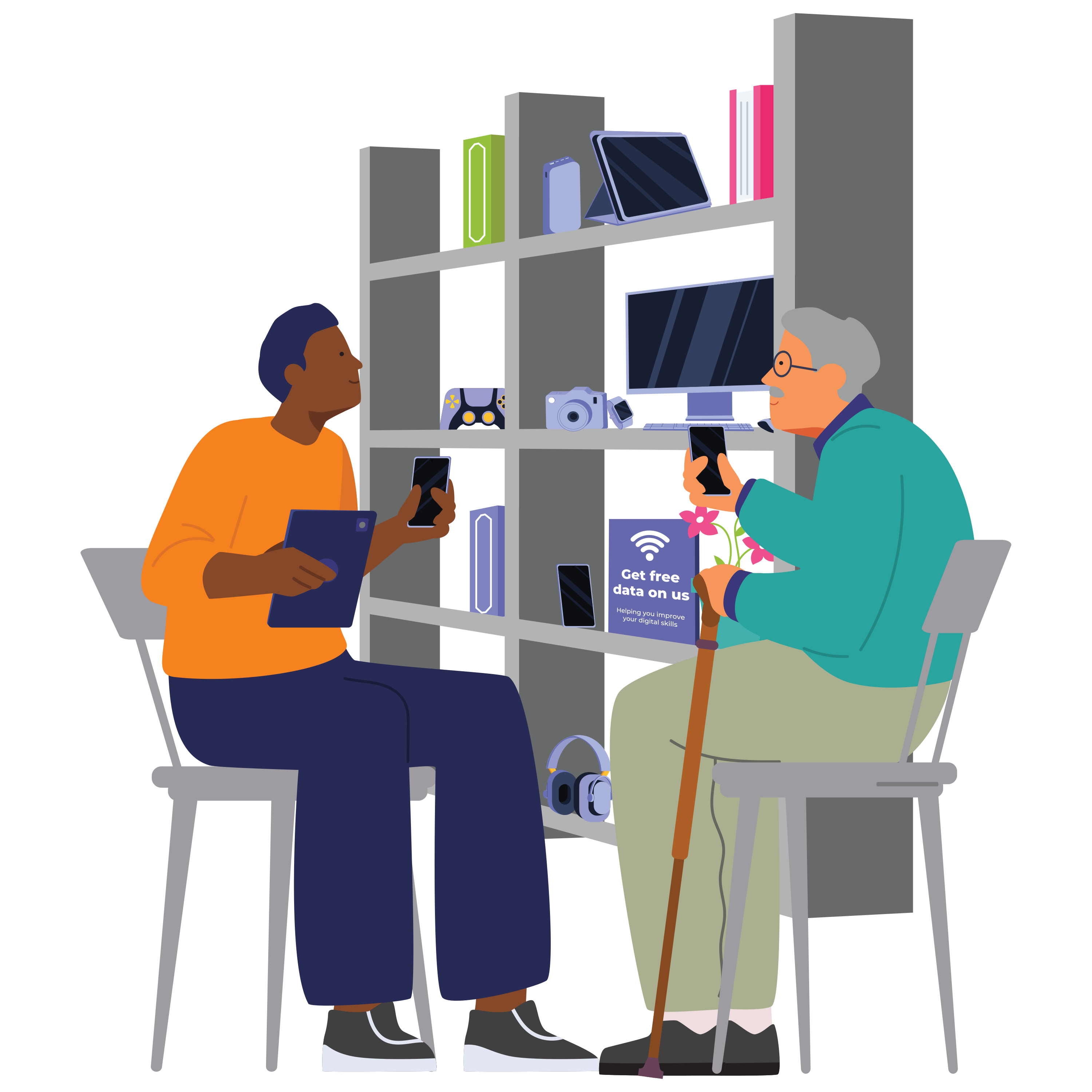 cartoon image of two people in a modern library environment