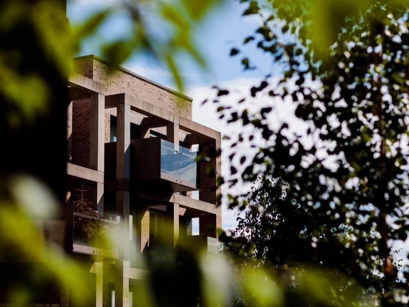 One Manchester development. A photo shot through the tree's in an artistic shot.
