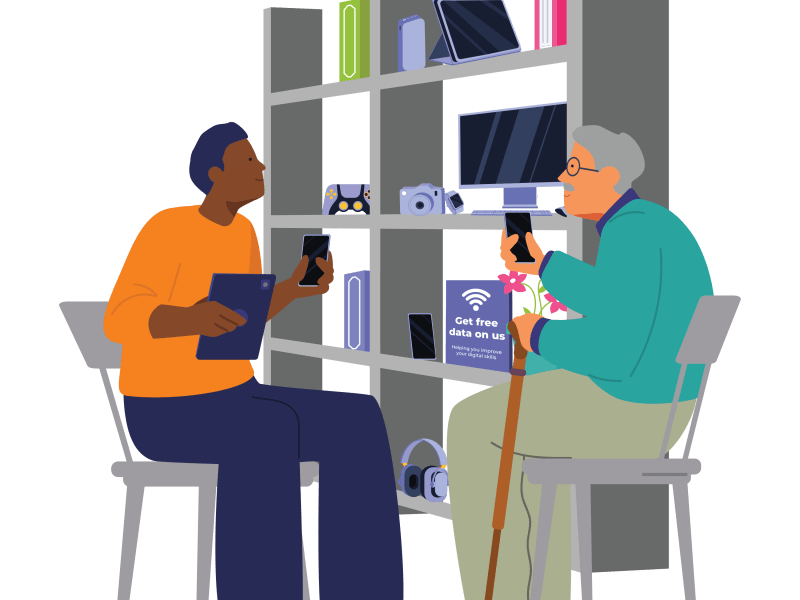 cartoon image of two people in a modern library environment