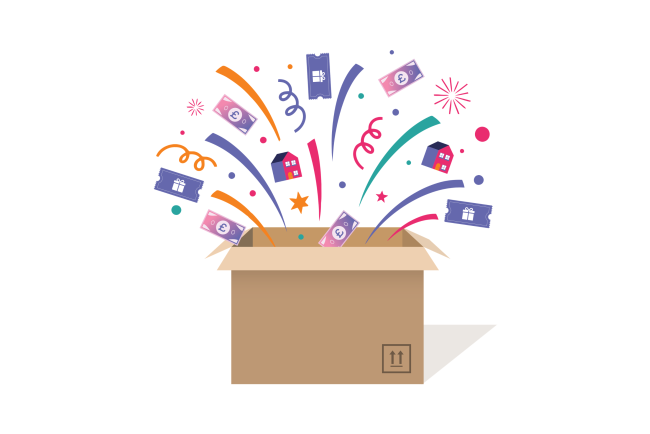 Graphic of prizes exploding out of a box