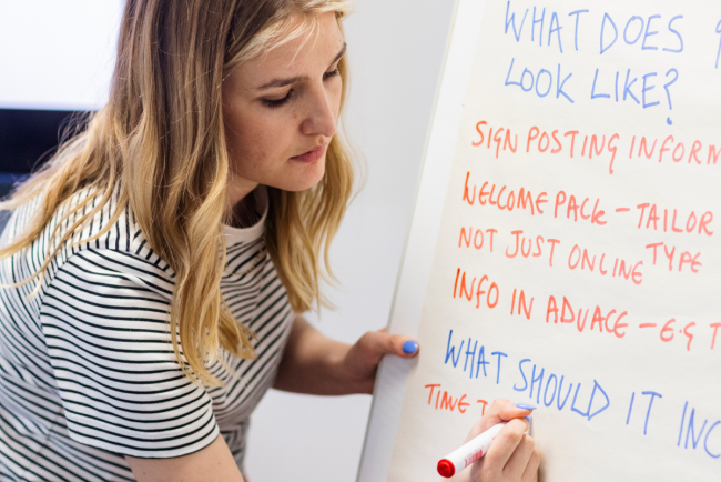 communications team member writing on board